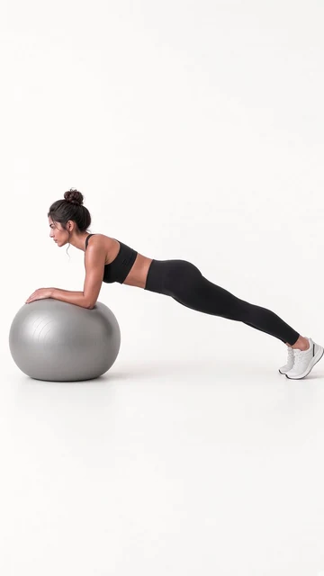 Merissa, VeraForma's AI-generated fitness model, holding a plank with her forearms on a stability ball.