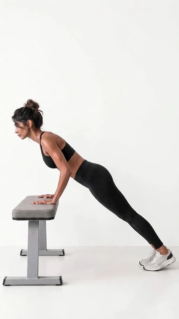 Merissa, VeraForma's AI-generated fitness model, lowering into a push-up with her hands on a bench, side-on.
