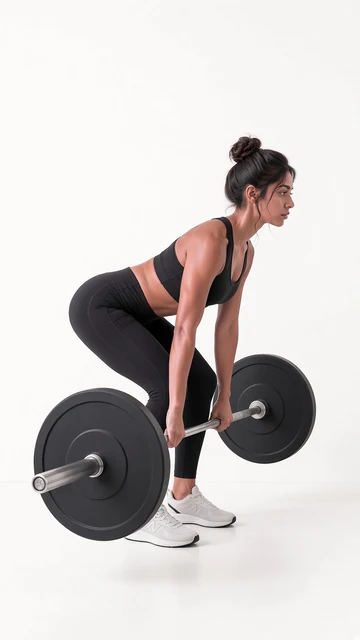 Merissa, VeraForma's AI-generated fitness model, hinging into a barbell Romanian deadlift, side-on, the bar at her shins.