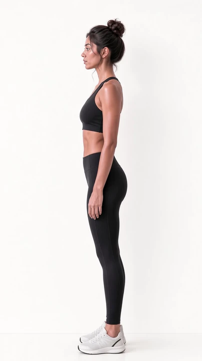 Merissa, VeraForma's AI-generated fitness model, standing side-on, her posture marked up and measured.