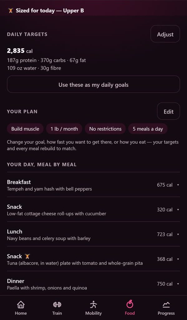 The meal plan screen: Sized for today, Upper B; then the daily targets, the plan's settings, and the day meal by meal.