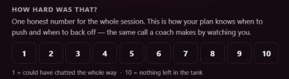 The app's How hard was that? row: one honest rating for the whole session