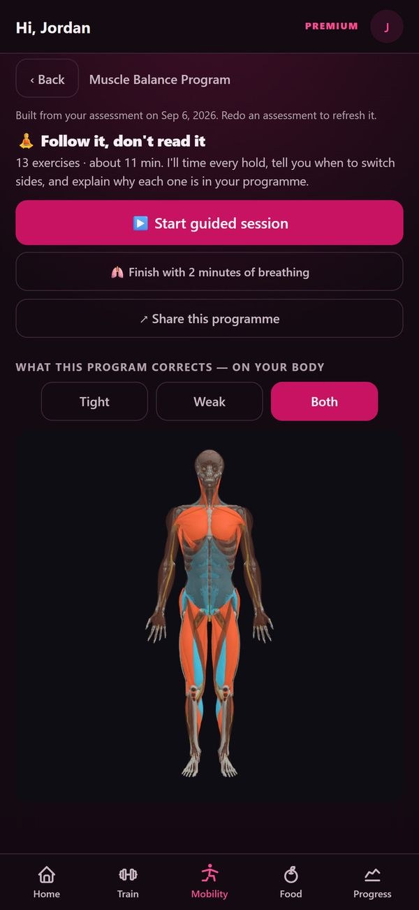 The Muscle Balance Program screen on a demo account: a 3D body with its tight and weak muscles coloured.